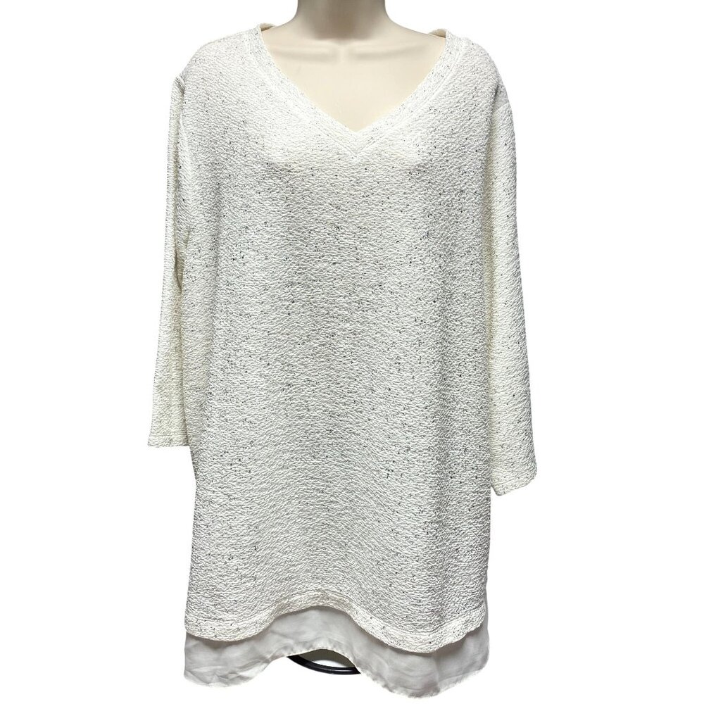 Catherines  2X V-Neck Pullover LS Blouse Top White Textured With Silver Specks